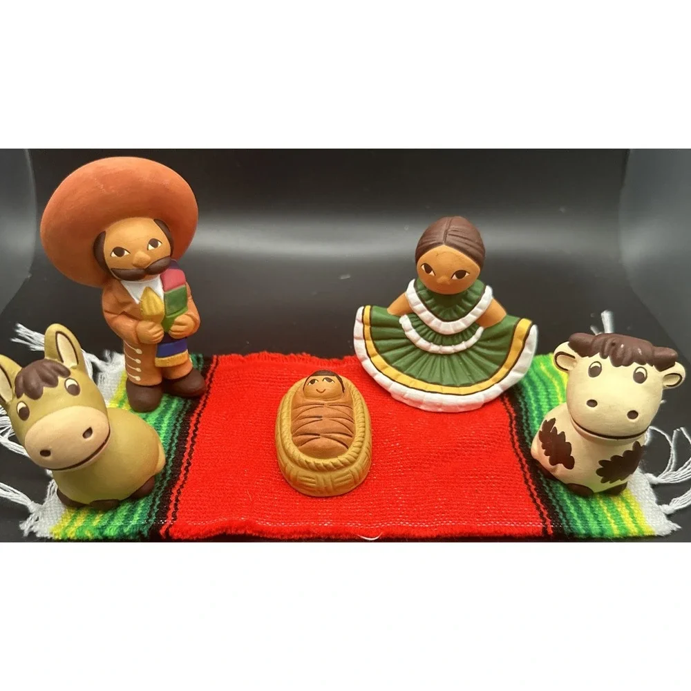 Mexican Pottery Clay Nativity Set 5 Pc Mary Joseph Baby Jesus Donkey Cow Vintage